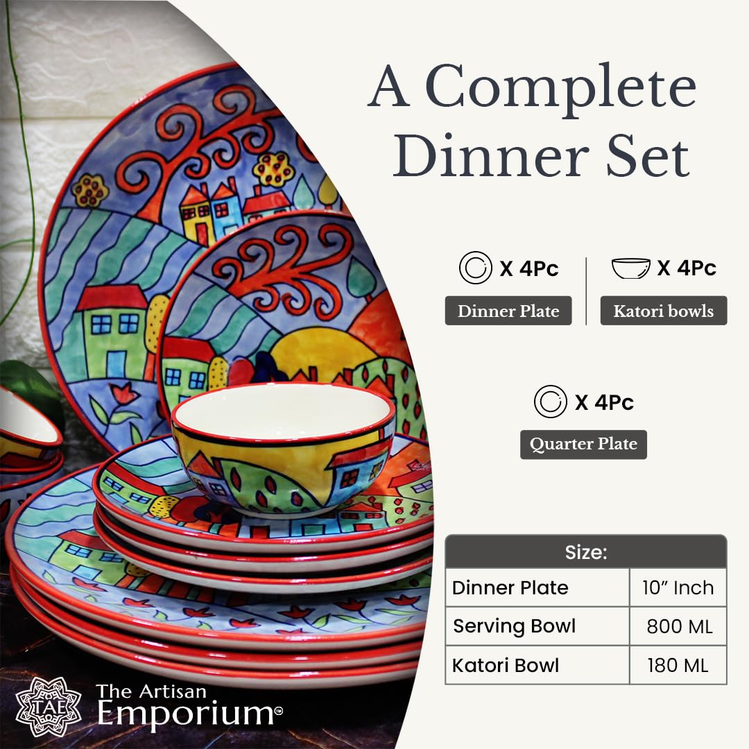 Exotic Panorama Hand Painted Ceramic Dinner Set - 12 Pieces, Multicolor | 4 Dinner Plates + 4 Katori Bowls, 180ml Each+ 4 Quarter Plates Dinnerware Set | Serving For 4, Microwave & Dishwasher Safe