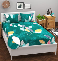 Printed Double Bedsheets With 2 Pillow Covers - Size-78 X72+8 Inches, Dark Green | Queen Size Bed With All Around Elastic Breathable Long Lasting