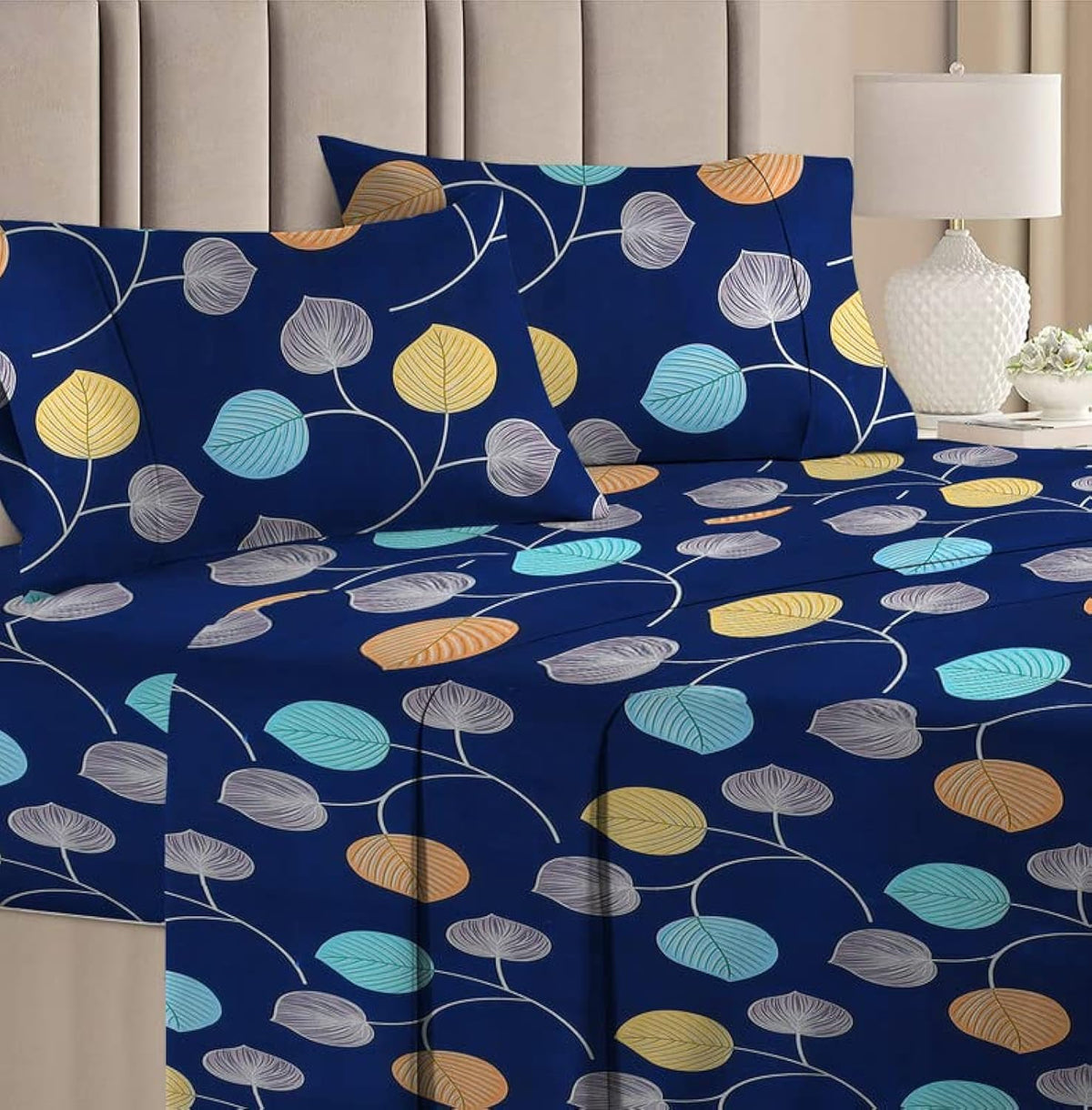 100% Cotton Double Bedsheets With 2 King Size Pillow Cover - 90 X 90 Inches, Blue | Small Leaf Printed Collections Double Bedsheets