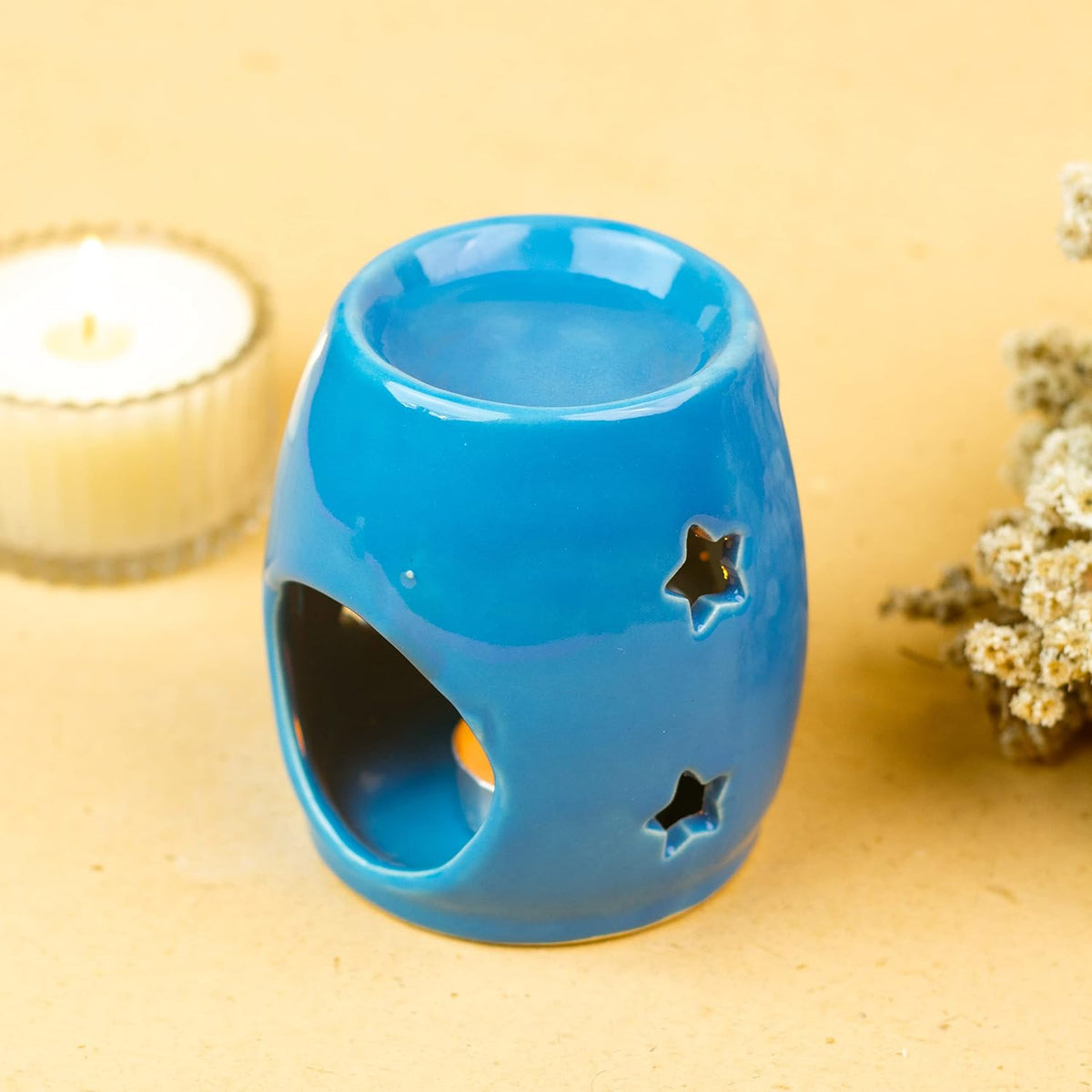 AQUA HANDCRAFTED SMALL CERAMIC BURNER WITH 1 T-LIGHT CANDLE | ROUND SHAPE