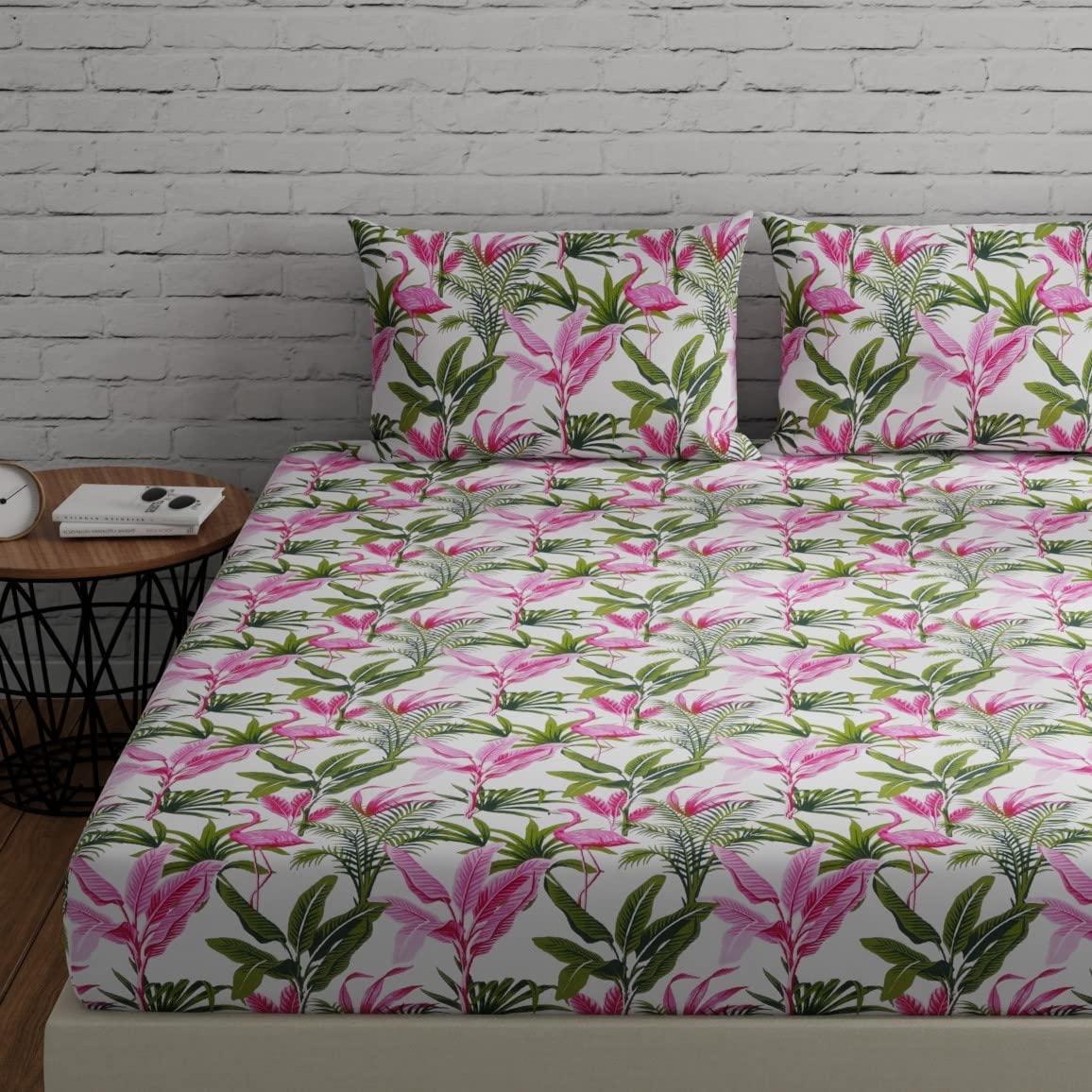 Bedsheets For King Size Bed With 2 Pillow Covers - 108 X 108 Inches | Flamingos Pink & Green | Perfect For Home Decor & Gifts | 144 Thread Count