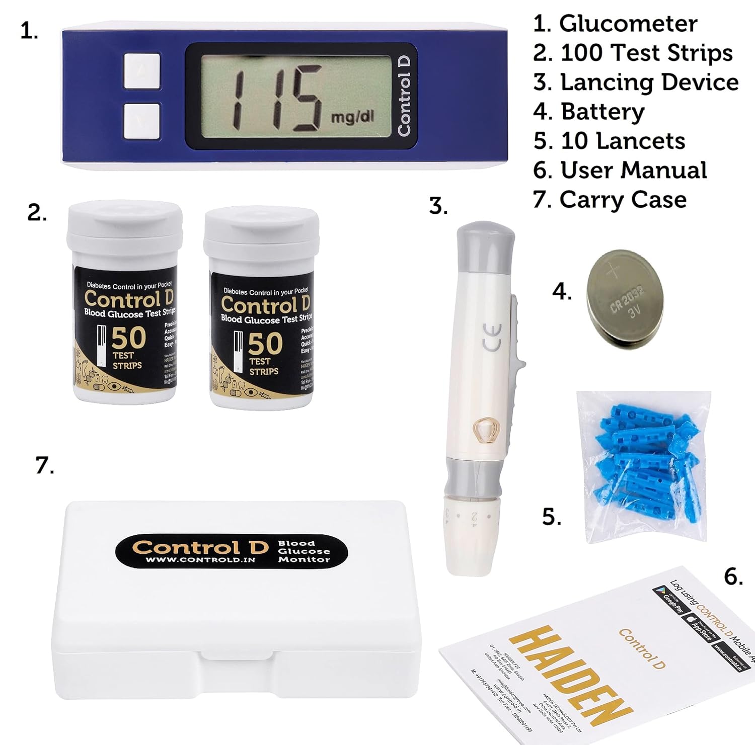 Control D Blue Glucose Blood Sugar testing Machine with (100 Strips) Glucometer