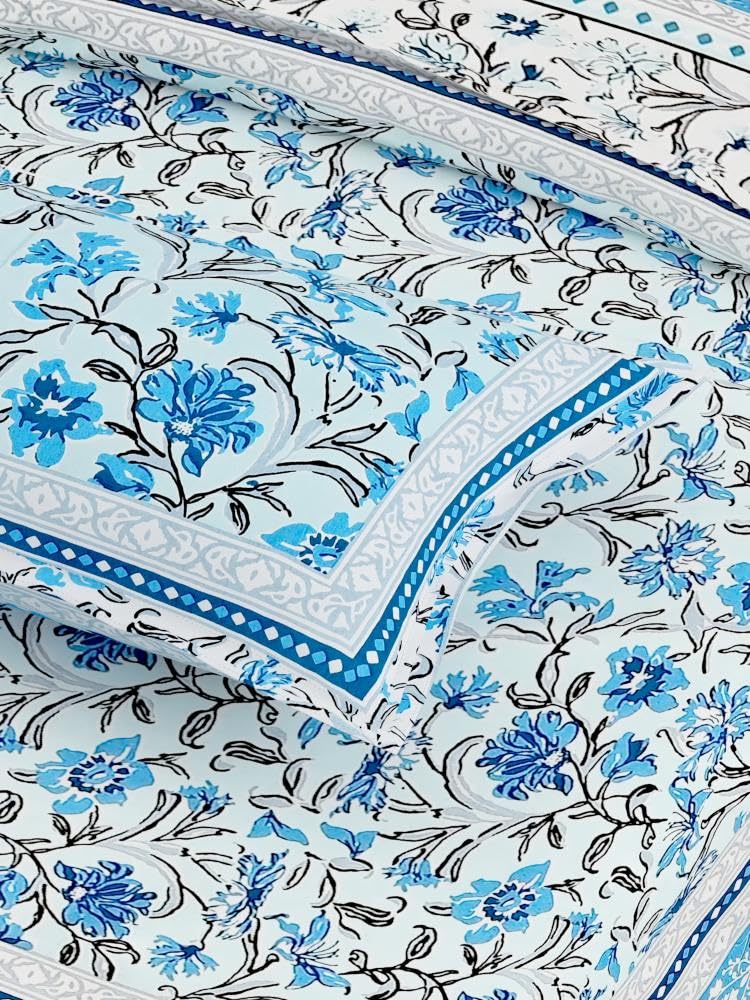 Traditional Rajasthani Design Bedsheet With 2 Pillow Covers - 90 X 108 Inches, Aqua & White | Color Fade Resistant & Shrinkage Resistant For All-Season Use
