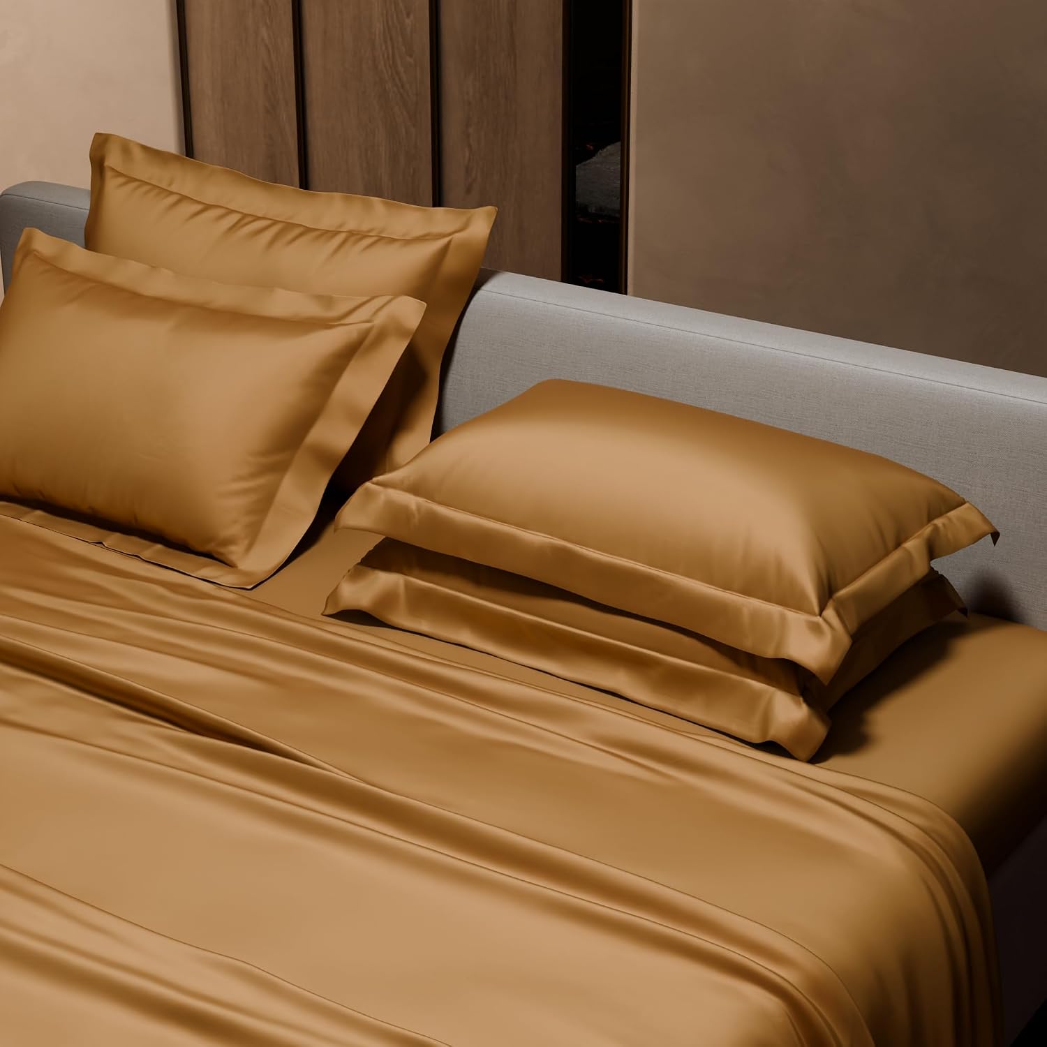 Bedding Set 1 Bedsheet King Size With 4 Pillow Cover - 108 X 108 Inches, Gold | Wedding, Bedroom, Date Night Collection | 300 Thread Count