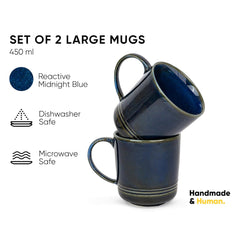 Large Ceramic Coffee Mug Set Of 2 - Blue Green, 400ml Each | Ceramic Mug With Glossy Finish - Mug For Coffee | Ceramic Coffee Mug - Porcelain Coffee Cup | Microwave Safe