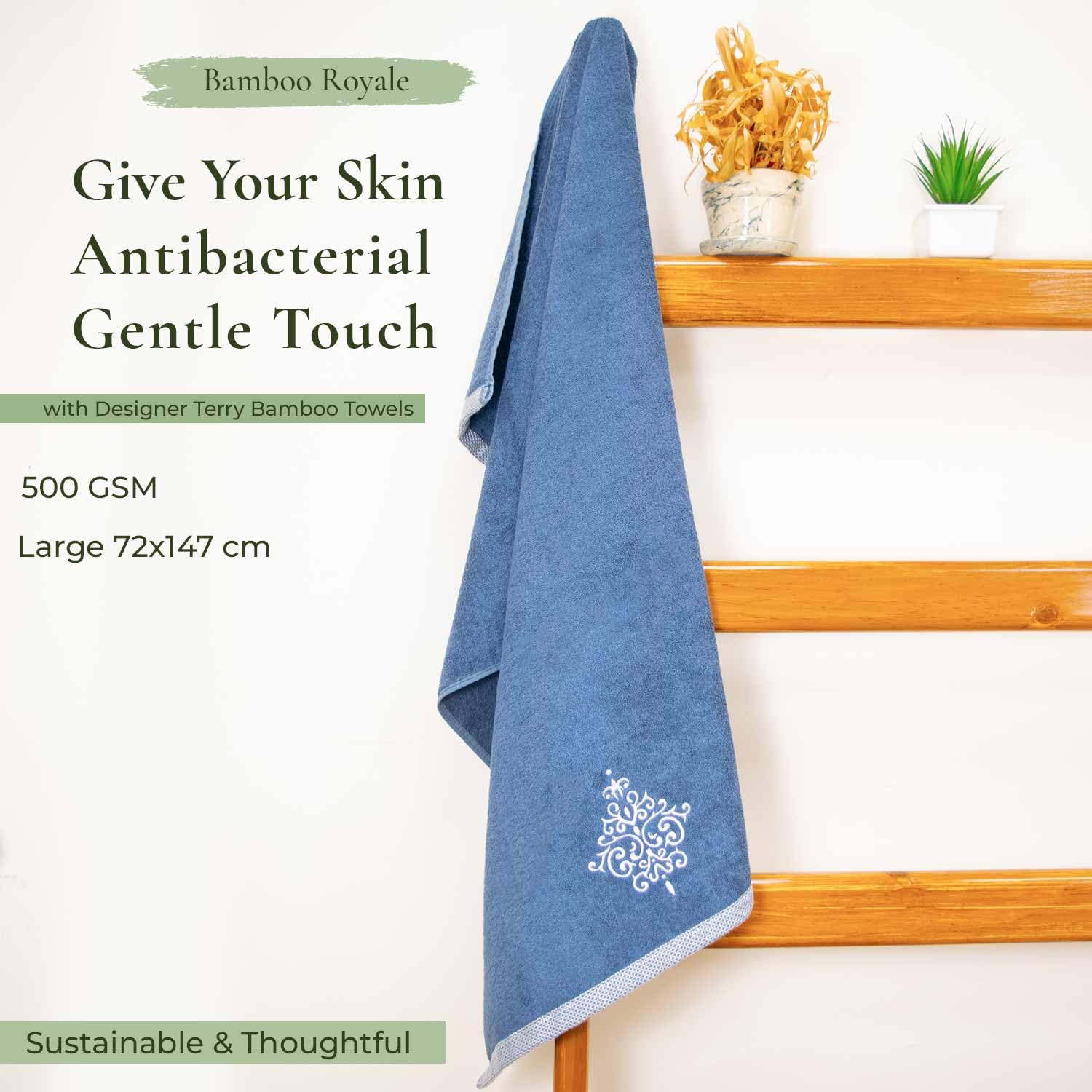 Rangoli 100% Bamboo Bath Towels 500 Gsm | Large Size Ultra Soft, Quick-Absorbent & Eco-Friendly Bath Towels - Blue