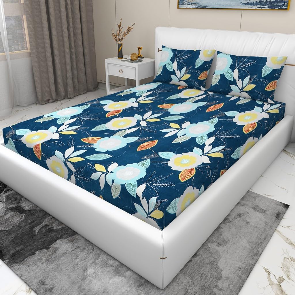 Presents Bedsheet For Double Bed With 2 Pillow Covers | Size - 90 X 100 Inches, Blue & Yellow | Light Weight, Suitable For All Seasons & Easy To Wash