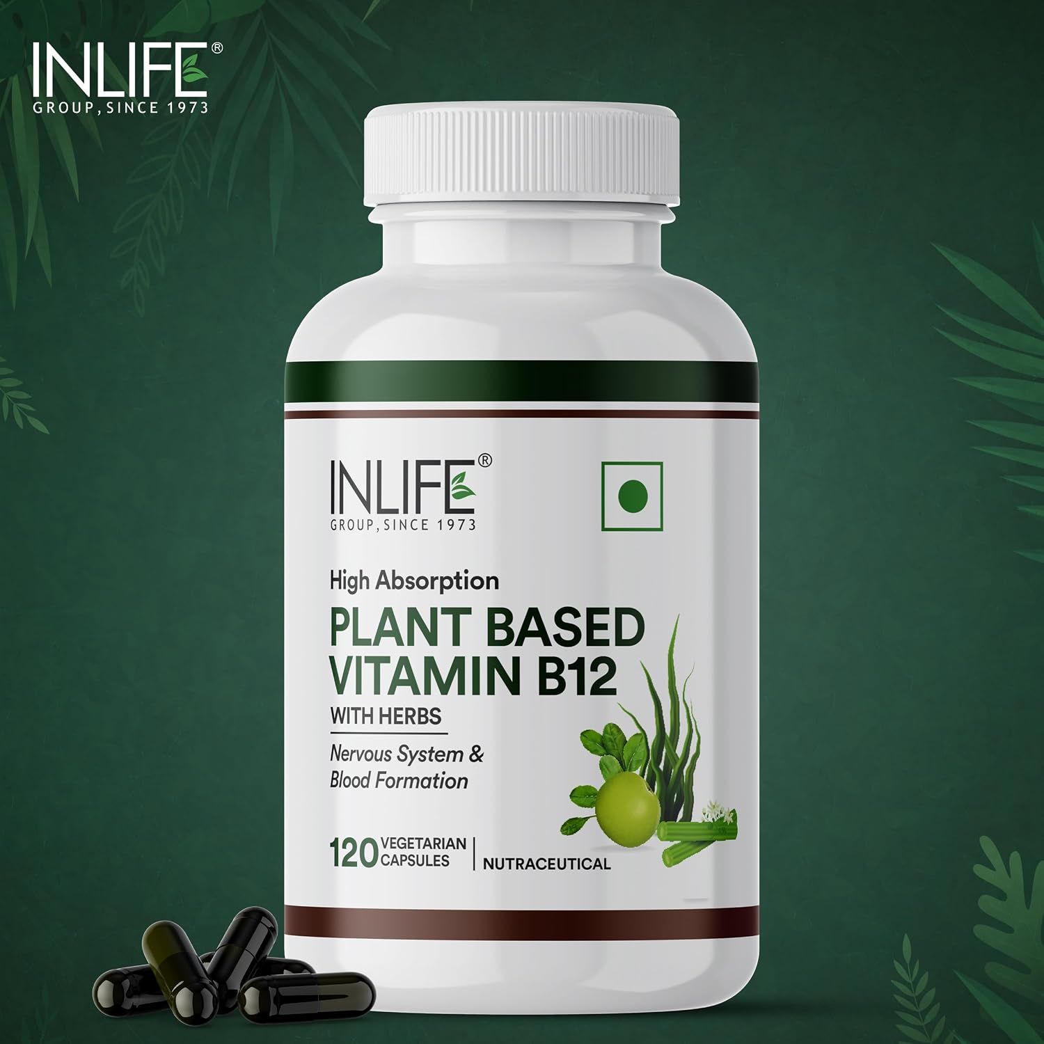 Inlife Plant Based Vitamin B12 Supplements For Men & Women | Supports Nerve Health & Brain Health | B12 From Spirulina Extract | 120 Vegetarian Capsules , 200gm 0.4lbs , Each Pack Of 2