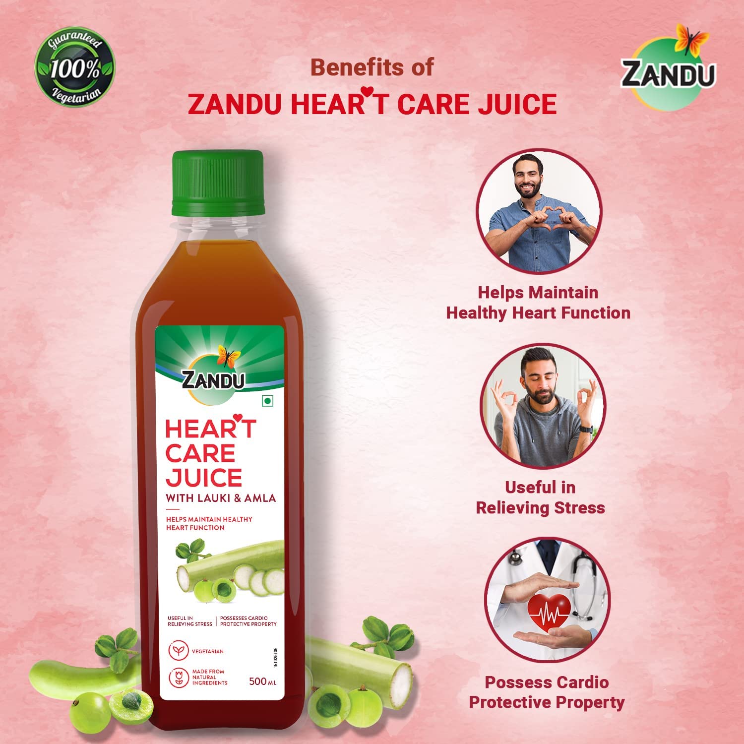 Zandu Heart Care Juice With Lauki & Amla, Helps Maintain Healthy Heart Function, Relieves Stress & Boosts Immunity | 500ml 1.1lbs