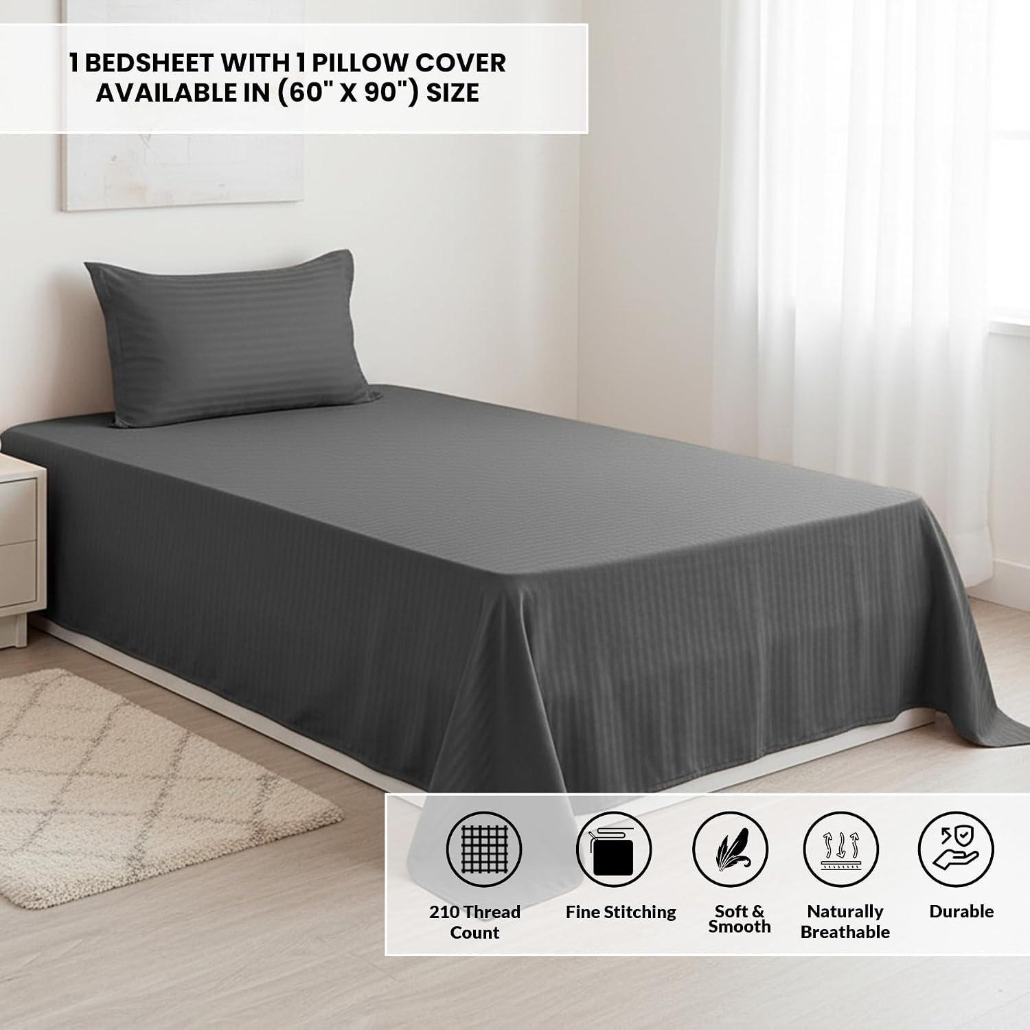 Soft Cotton Single Bedsheet With 1 Piece Pillow Cover - 60 X 90 Inches, Grey | Lightweight, Breathable & Easy To Maintain Bedsheet