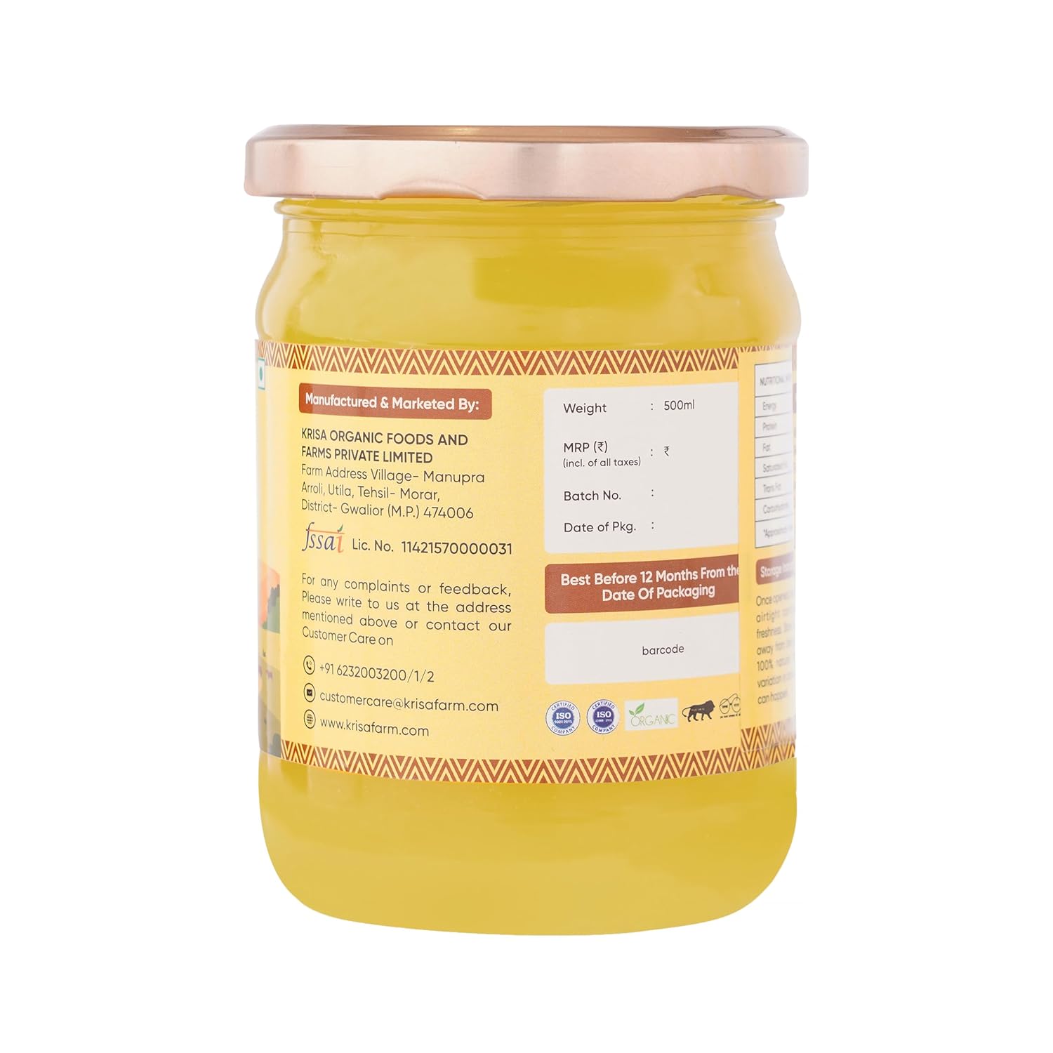 100% Natural Cow Ghee By Krisa Organic | Rich In Nutrients & Vitamins A, D Healthy Pure Desi Ghee Good For Boost Immunity | (500ml) 16.9 Ounce | Jar Pack