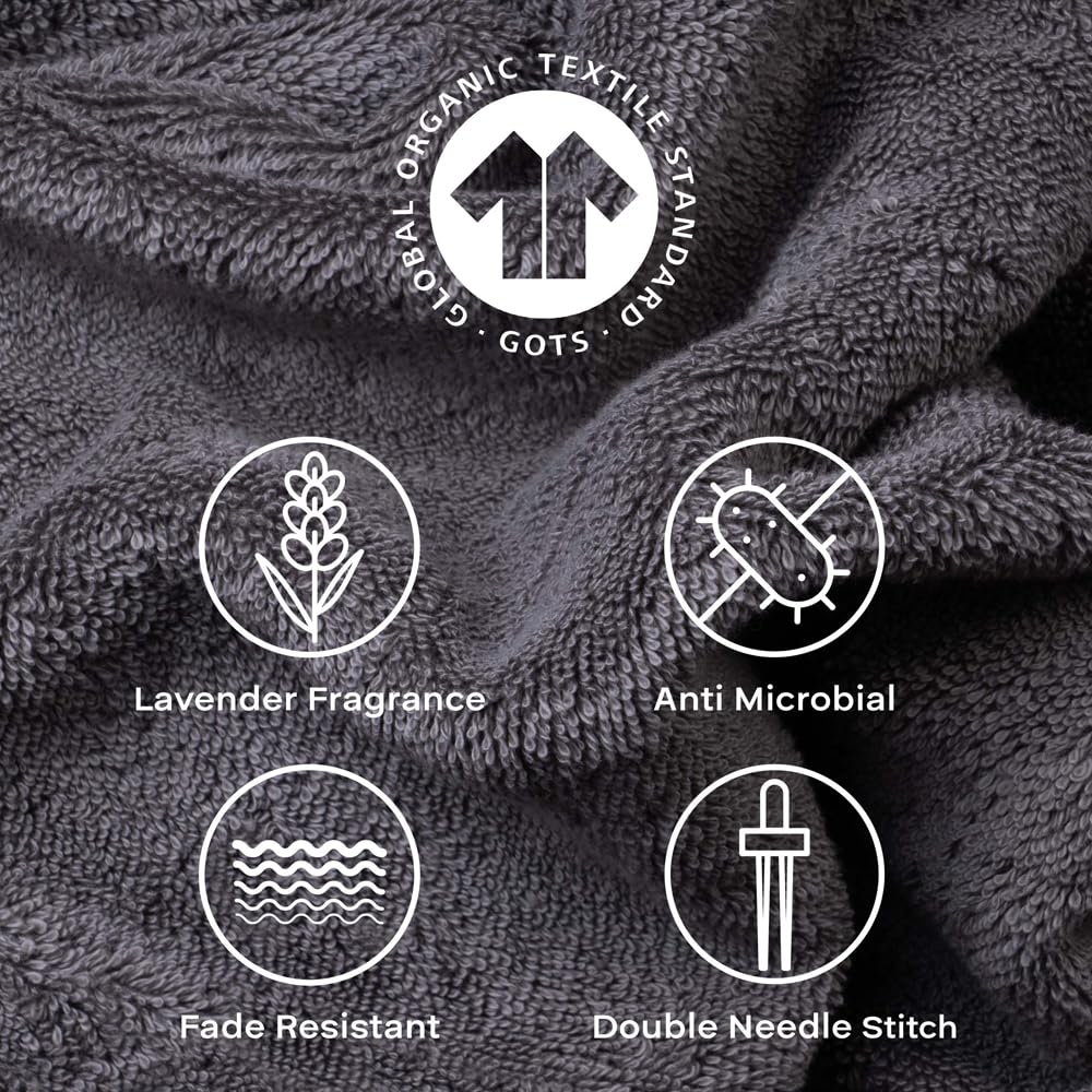 Feather & Spun Organic Cotton Bath Towel 650 Gsm | Lavender Fragrance Gots Certified Anti Microbial Fade Resistant Double Needle Stitch Towel (Charcoal Stone)