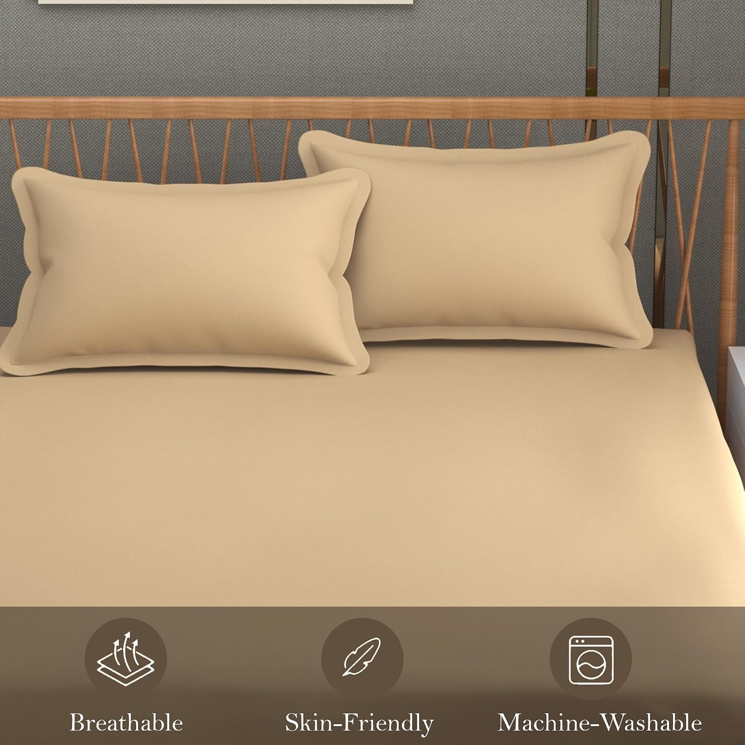 Queen Size Solid Plain Bedsheet Set Includes 2 Pillow Covers - 90 X 95 Inches, Beige | Exceptional Softness & Breathability | Premium Microfiber Material