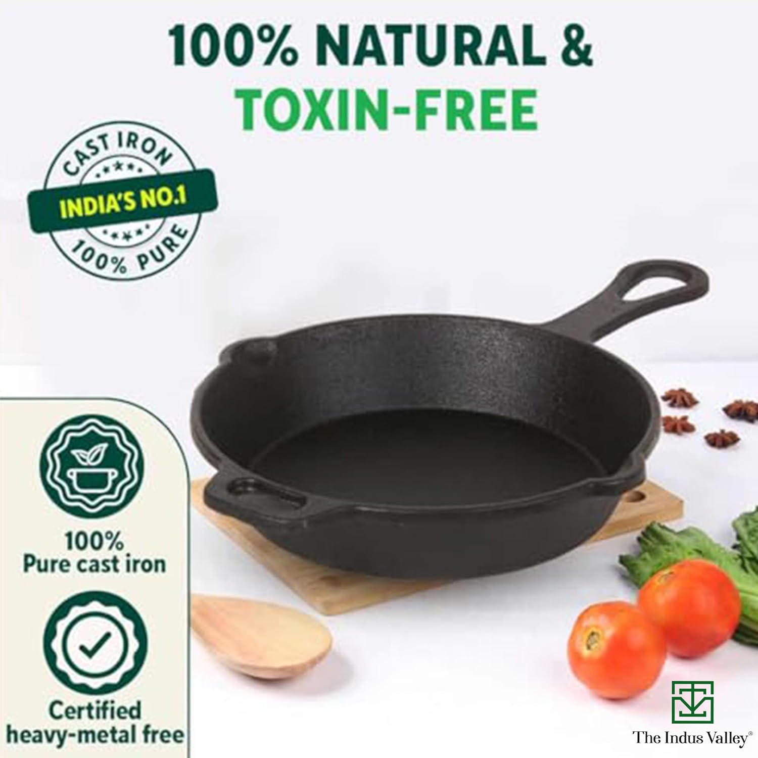 Pre-Seasoned Black Cast Iron Shallow Fry Pan With Long Loop Handle - Medium, 23cm, 9 Inch, 1.4 Ltr, 2.4 Kg | Induction Friendly, Nonstick Fry Pan, 100% Pure & Toxin Free, No Chemical Coating