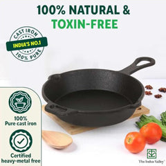 Pre-Seasoned Black Cast Iron Shallow Fry Pan With Long Loop Handle - Medium, 23cm, 9 Inch, 1.4 Ltr, 2.4 Kg | Induction Friendly, Nonstick Fry Pan, 100% Pure & Toxin Free, No Chemical Coating