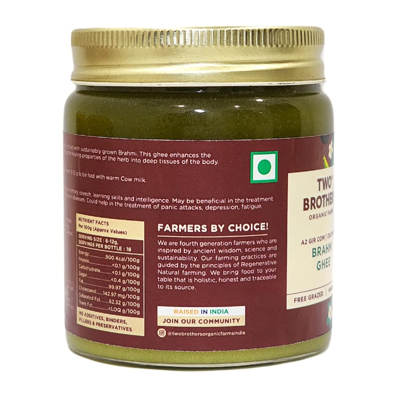 Natural (Brahmi) A2 Gir Cow Cultured Desi Ghee By Two Brothers Organic Farms | Naturally & Healthy Protein Fiber Desi Ghee Good For Weight Loss | (250ml) 8.4 Ounce | Jar Pack