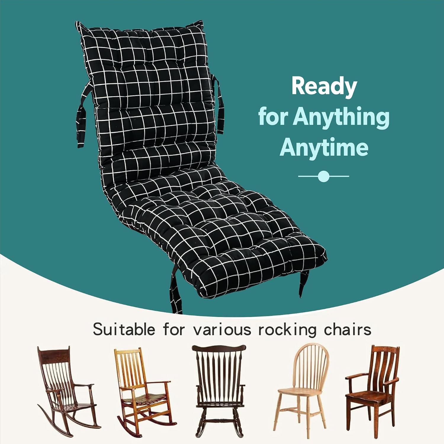 Extra Long Chair Cushion For Comfortable Sitting, Check Printed - Black - 18 X 48 Inch | Rocking Chairs For Indoor & Outdoor | Cushion For Home, Office | Back Rest Support Cushion With Ties