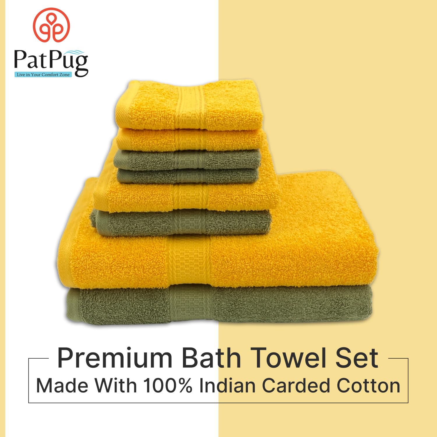 Patpug 100% Indian Cotton Plush Towel Set 2000 Gsm | Highly Absorbent, Fade Resistant, Quick Drying 2 Bath, 2 Hand & 4 Face Towel (Sunrise Yellow & Olive Green) - 8 Piece