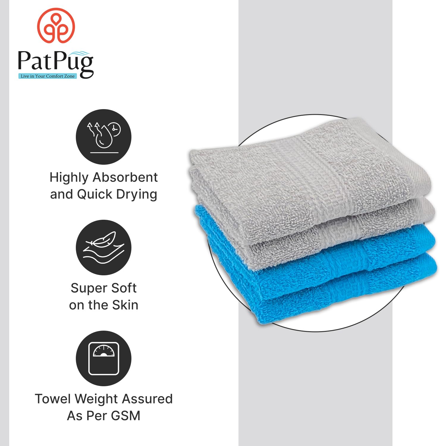 Patpug 100% Indian Ultra Soft Cotton Face Towel 500 Gsm | Napkin, Baby Face Towel, For Facewash, Gym, Travel, Hanky (Turquoise Blue & Silver Grey) | Pack Of 4