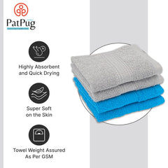 Patpug 100% Indian Ultra Soft Cotton Face Towel 500 Gsm | Napkin, Baby Face Towel, For Facewash, Gym, Travel, Hanky (Turquoise Blue & Silver Grey) | Pack Of 4