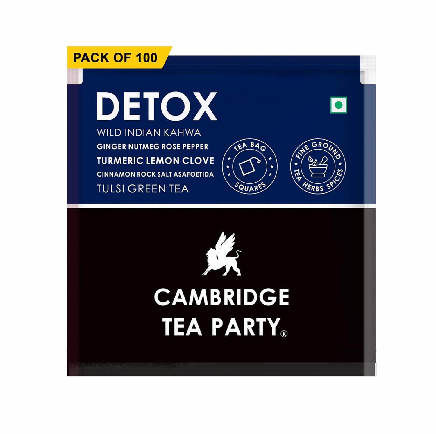 Cambridge Tea Party Detox Wild Indian Kahwa - 100 Tea Bags | Turmeric Ginger Rose Lemon Clove Rock Salt Tulsi Green Tea - Caffeine Free