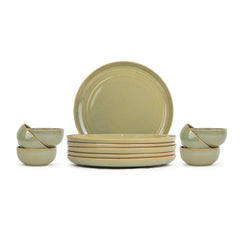 Ceramic Dinner Set Of 12 Pcs, Pistachio Green | Crockery Set For Dining Table - Dining Set Crockery Items | Glossy Finish Premium Stoneware Dinner Set | 6 Dinner Plates+ 6 Veg Small Bowls, 180ml Each