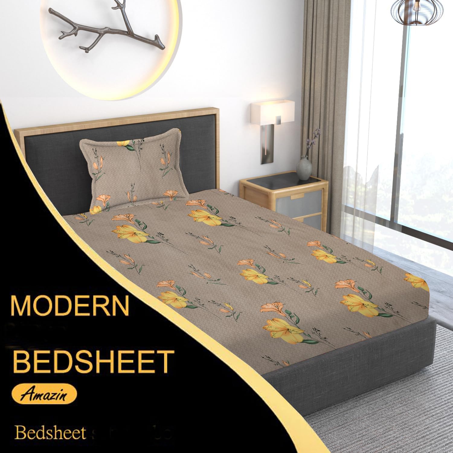 Print Cotton 1 Single Bedsheet With 1 Pillow Cover - 60 X 90 Inches, Yellow & Brown | Soft & Breathable Fabric, Skin-Friendly Bed Sheet For All Seasons
