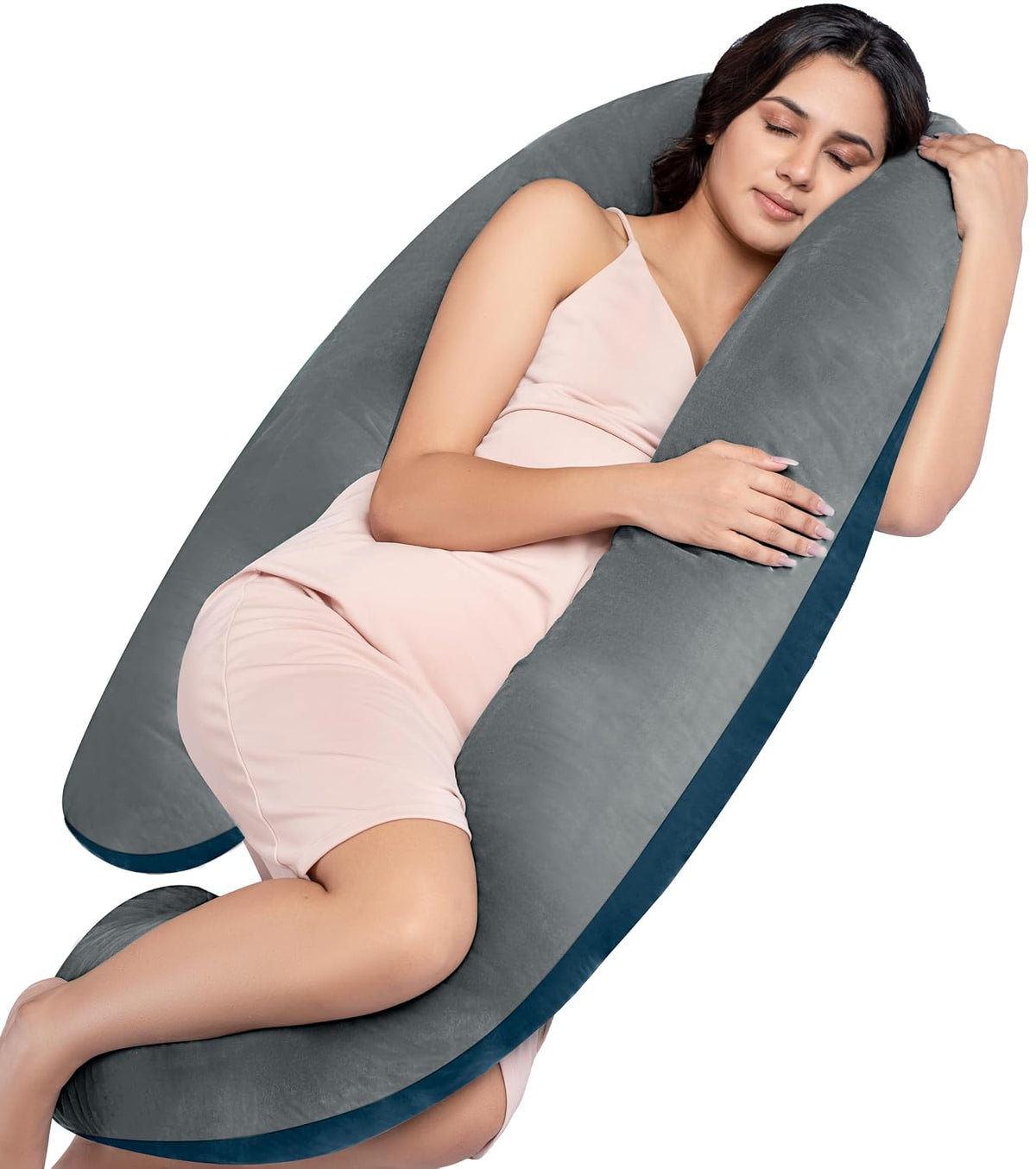 Full Body J Shape Pregnancy Pillow For Women, Maternity Pillow, Grey & Navy Blue | Pillow Gift For Pregnancy Sleeping, Premium Velvet Cover With Zip | Adjustable, Multipurpose Pillow