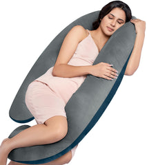 Full Body J Shape Pregnancy Pillow For Women, Maternity Pillow, Grey & Navy Blue | Pillow Gift For Pregnancy Sleeping, Premium Velvet Cover With Zip | Adjustable, Multipurpose Pillow