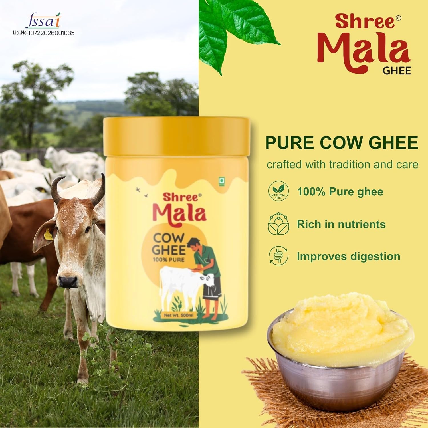 Pure Cow Ghee By Shreemala | Rich In Vitamins A, D, E & K Healthy Desi Ghee Good For Supports Overall Health | 400ml (100ml * 4) 13.5 Ounce | Jar Pack