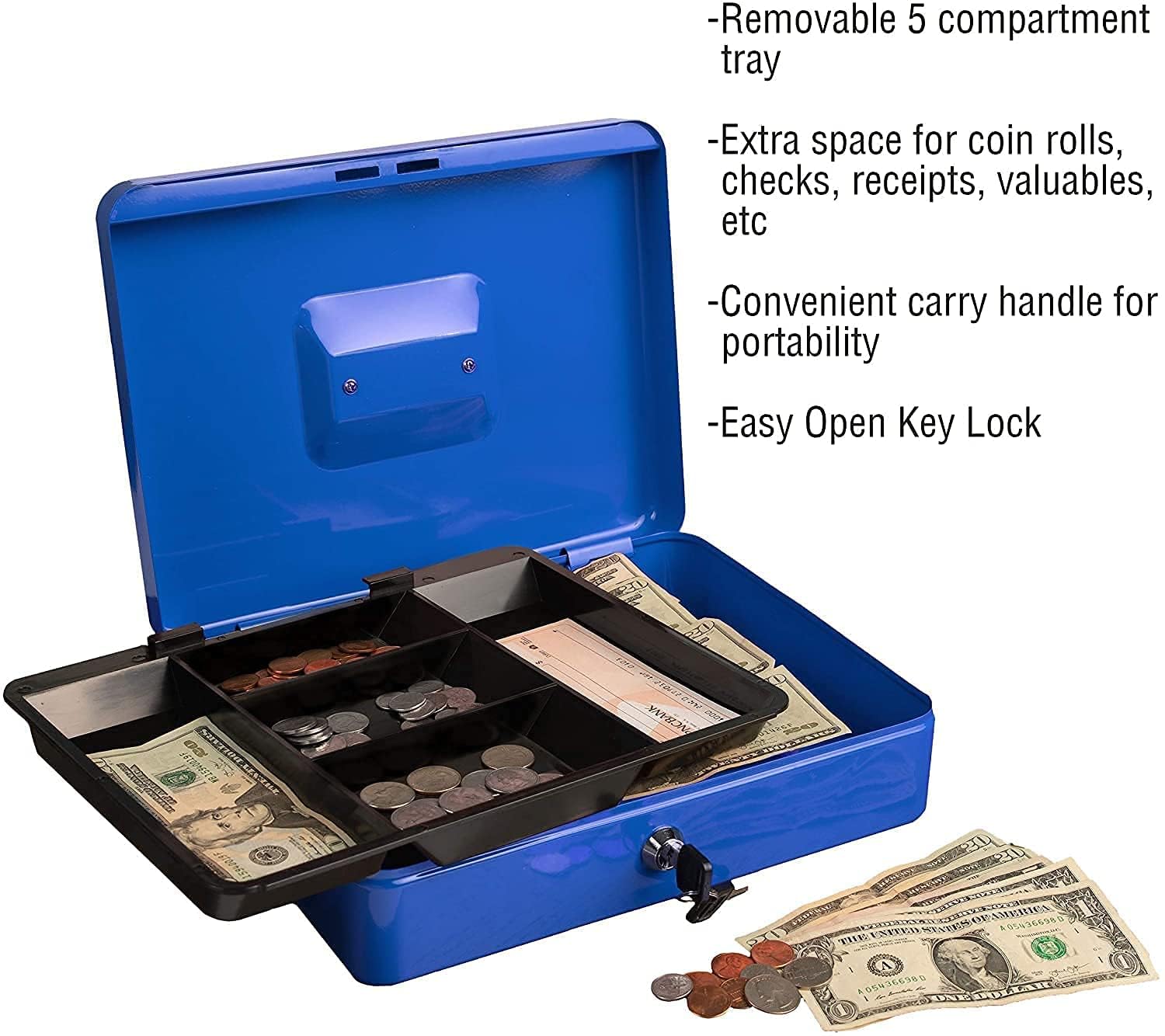 Cash Box With Lock & Key, Large 10 Inch Cash Box With Note & Coin Compartments, Money Tray Perfect Secure Storage For Loose Change, Colour - Blue