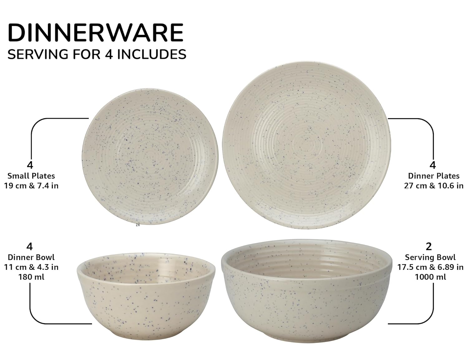 Handcrafted Ceramic Stoneware Dinner Set Of 14 Pieces With Serving Bowl Set - Ivory White | 4 Dinner Plates + 4 Small Plates + 4 Dinner Bowl, 180ml Each+ 2 Serving Bowl, 1000ml Each | Microwave Safe