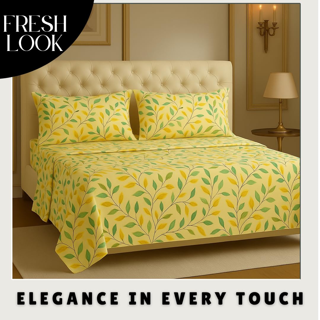 Microfiber 4 Pcs Bedding Set For King Size 1 Fitted Bedsheet With 1 Flat Top Sheet + 2 Pillow Covers | 78x72 Inches, Beige & Green | Perfect Combination For A Stylish Bedsheet