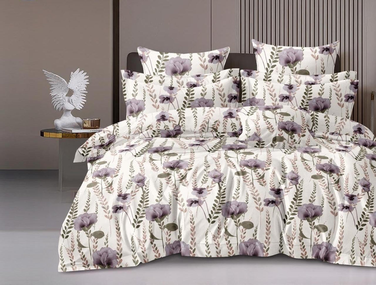 Printed Super King Size Double Bedsheet With Two Pillow Covers - 108 X 108 Inches, Cream & Purple | Smooth To Touch, Breathable & Long Lasting - Ideal For Everyday Comfort