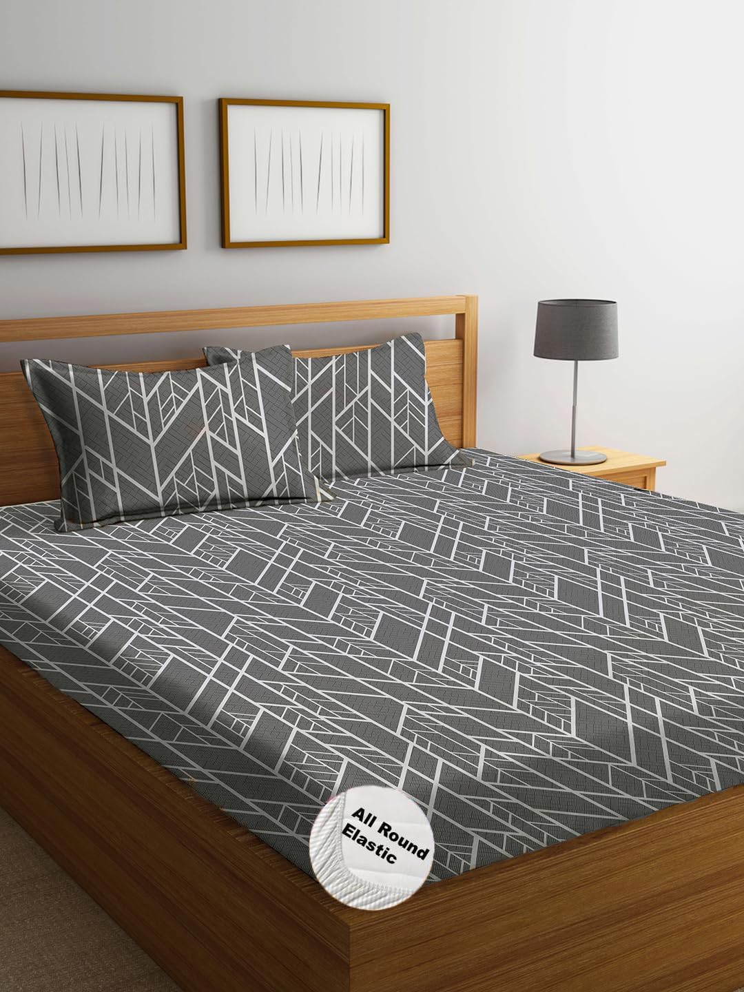 Printed Single Size Bedsheet With 1 Pillow Cover (36 X 78 Inches, Black & White) | All Around Elastic Fitted Bedsheet | Soft Touch, Wrinkle Resistant, Skin Friendly