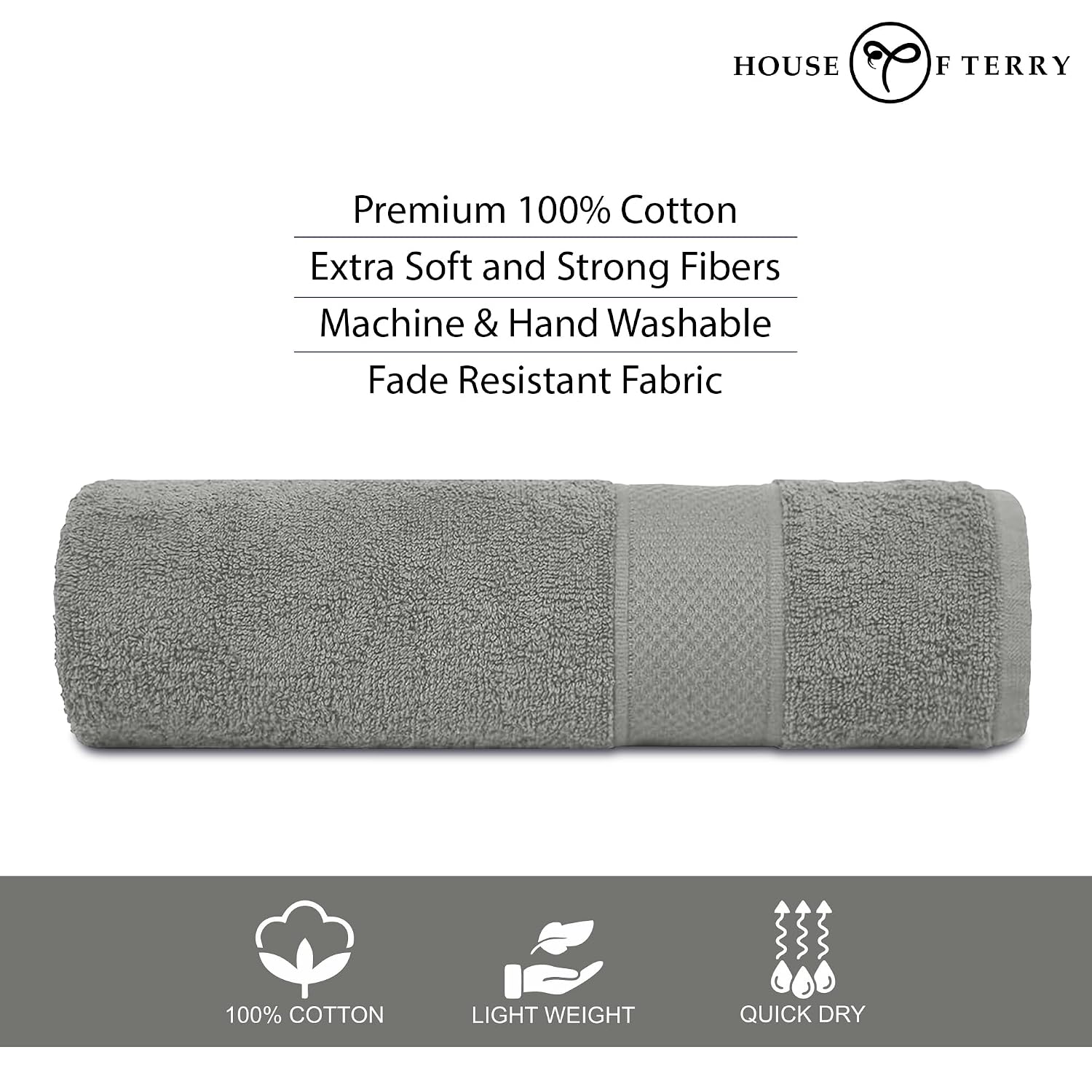 House Of Terry 100% Cotton Bath Towel 450 Gsm | Quick Dry, Soft & Absorbent, Fade-Resistant, Skin-Friendly For Men & Women Towel (Grey)