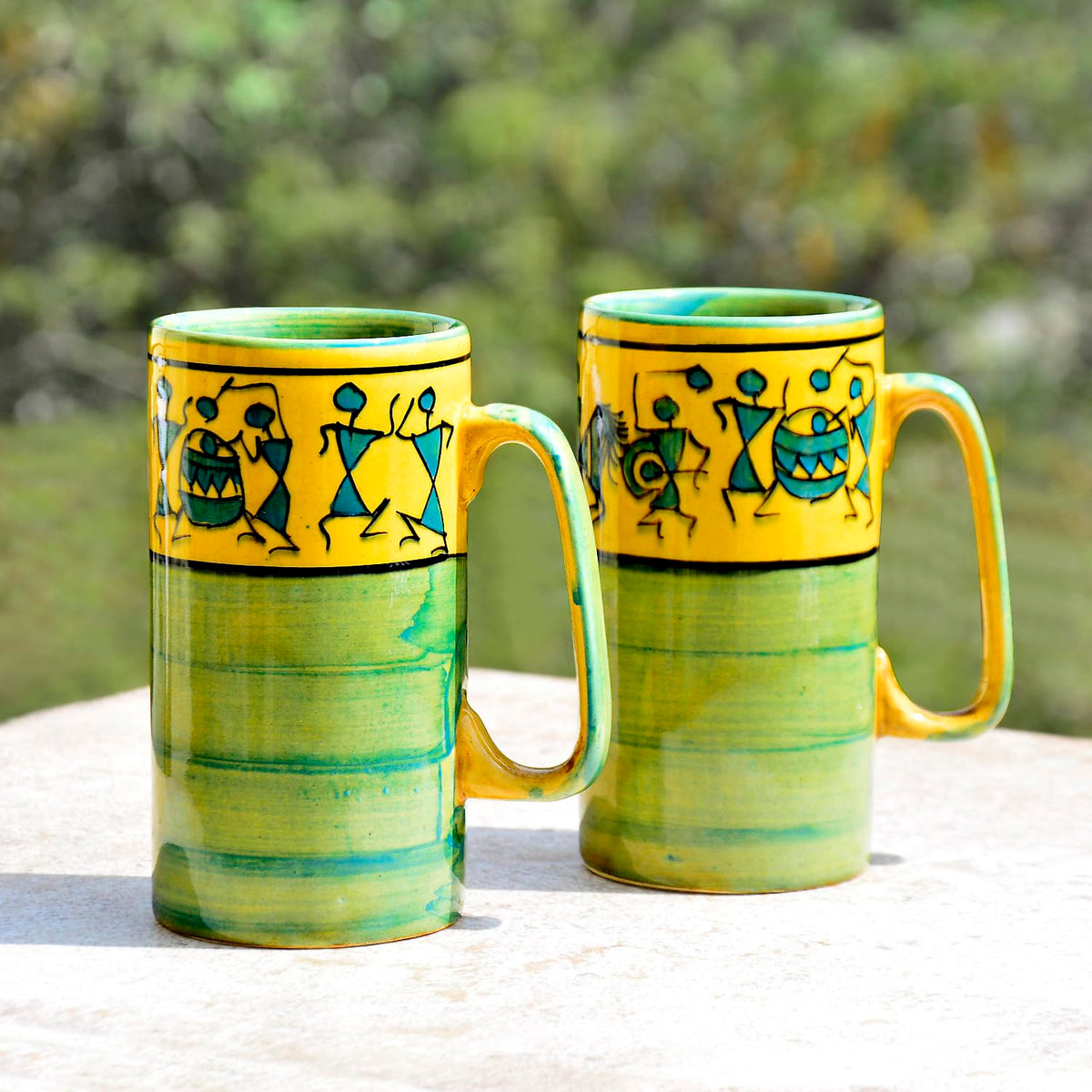 Ceramic Hand-Painted Worli Art Tall Beer Mugs Set Of 2 - 450ml Each, Green & Golden | Large Beer Glasses - Big Milk Mugs