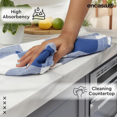 Encasa Xo Kitchen Cooking Cloth 340 Gsm | Cotton Hand Towel For Drying Dishes Highly Absorbent Cleaning & Quick Drying Of Plates | Buffalo Blue Checks (Set Of 4)