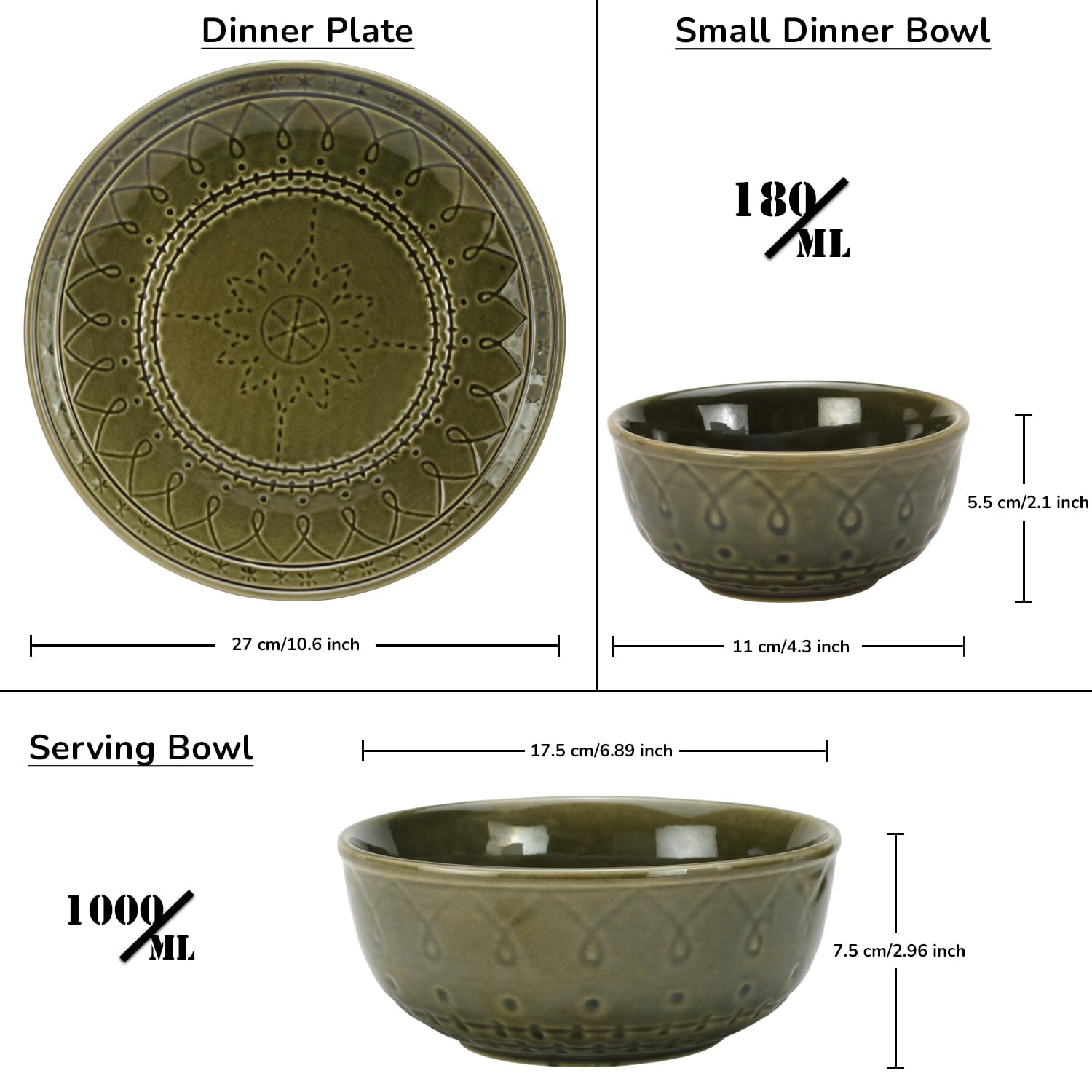 Handcrafted Stoneware Embossed Ceramic Dinner Set Of 20 Pcs With Serving Bowl Set - Moss Green | 6 Dinner Plates+ 12 Small Dinner Bowls, 180ml Each+ 2 Serving Bowl, 1000ml Each | Serving For 6