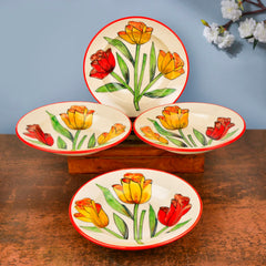 Hand Painted Premium Ceramic Floral Deep Pasta Plates Set Of 4 - Diameter: 9.5 Inches, Multicolor & Off White | Soup Plates - Ceramic Maggi Plates