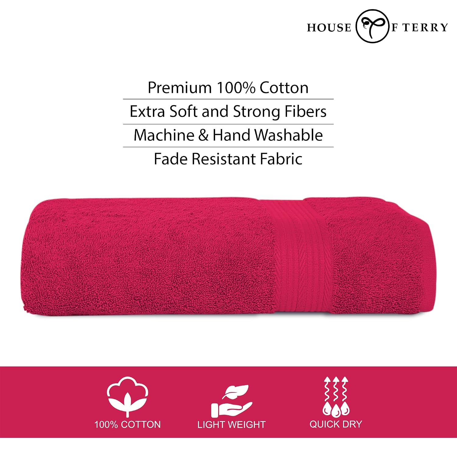 House Of Terry 100% Cotton Bath Towel 1000 Gsm | Quick Dry, Soft & Absorbent, Fade-Resistant, Skin-Friendly, For Men & Women Towel (Paradise Pink) - Pack Of 2