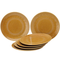 Ceramic Hand Glazed Large Embossed Dinner Plates Set Of 6 - 10.6 Inch, Golden Brown | Handcrafted Stoneware - Microwave Safe & Dishwasher Safe