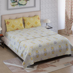 100% Cotton Double Bedsheet With 2 Pillow Covers Size - 87 X 95 Inches, White & Yellow | 125 Thread Count Lightweight & Durable - Gift For Housewarmings, Weddings, Birthdays
