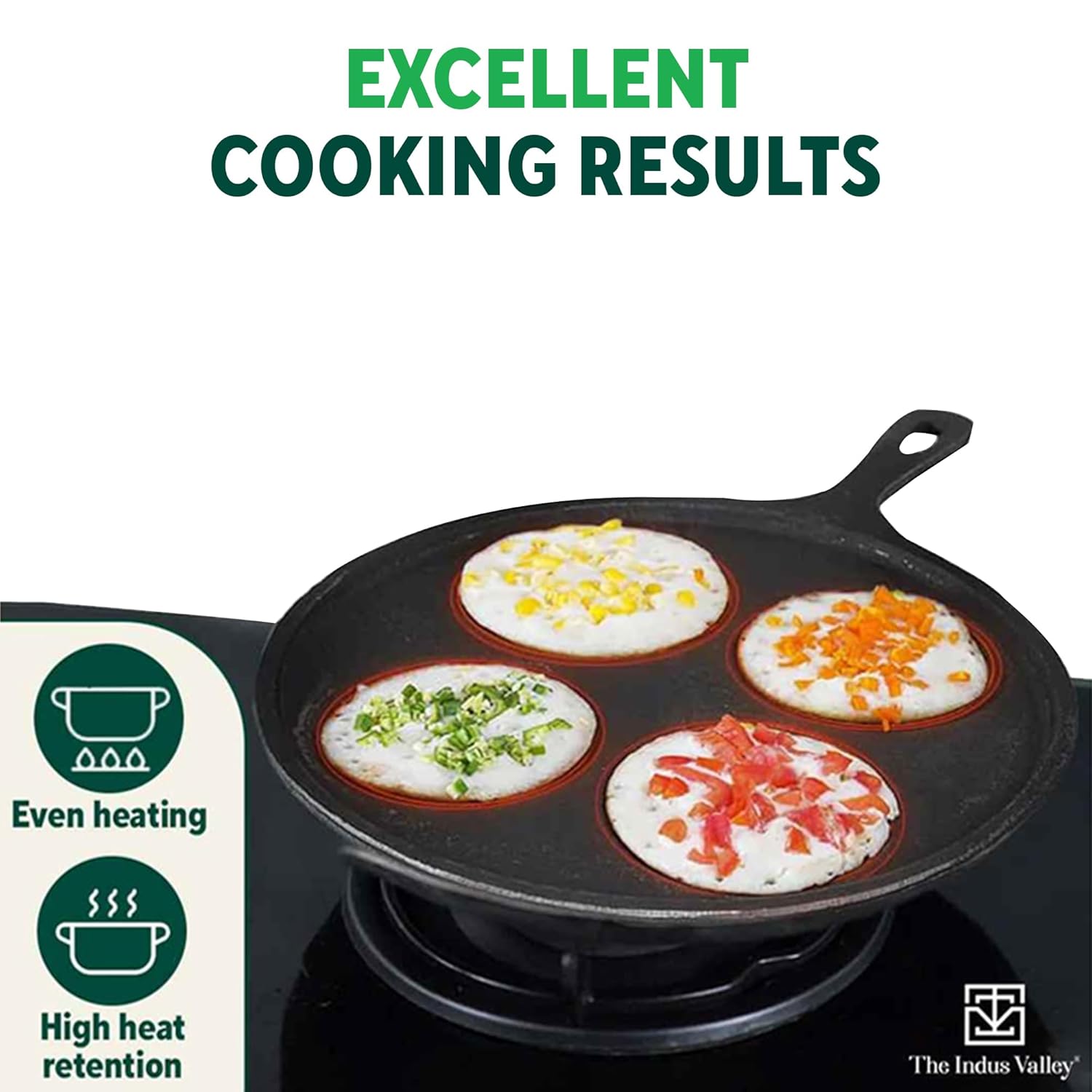 Pre-Seasoned Black Cast Iron Uttapam Tawa - 4 Pit, 27.5cm, 10.8 Inch, 2.5 Kg | Induction Friendly, Naturally Nonstick, 100% Pure & Toxin-Free, No Chemical Coating