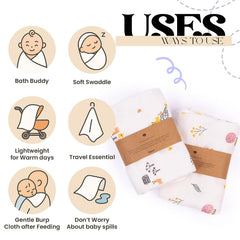 Haber Traditional Baby Muslin Bath Towel 160 Gsm | Organic Indian Cotton 4 Layer, Eco-Conscious & Safe Printed Cloth (Animals & Fruits)- Pack Of 2