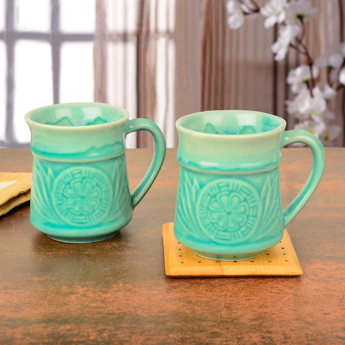 Studio Pottery Etched Ceramic Coffee Mugs Set Of 2 - 300ml Each, Turquoise | Milk Mugs - Tea Cups & Mugs