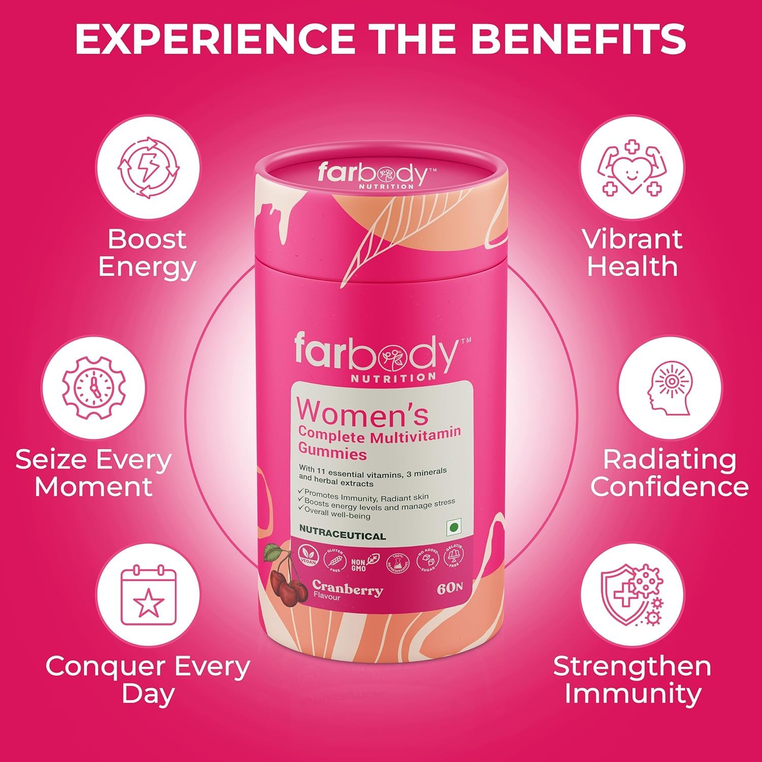 Farbody Women's Multivitamin Gummies With Iron, Zinc, Magnesium, Vitamins A, C, D3, E, B6, B12, Biotin For Immunity, Radiant Skin, Boost Energy | 60 Gummies , 300gm 0.66lbs