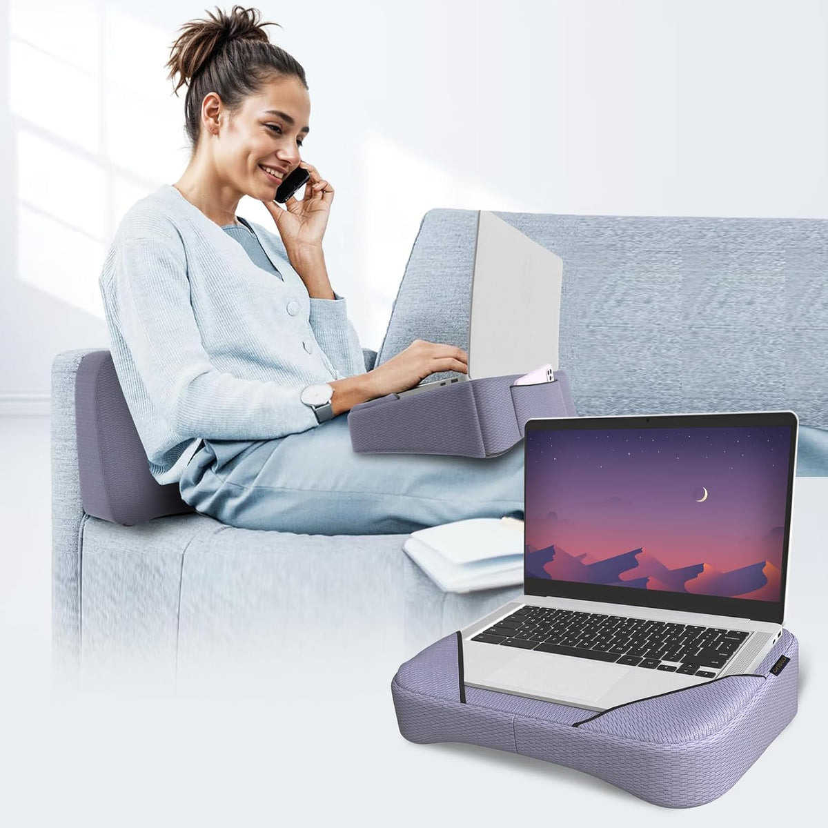 Lite Lap Desk Pillow, Soft & Comfortable, Ideal For Laptop Reading & Gaming, Grayish Blue Mesh | Built-In Storage Pocket & Handle | Perfect For Bed, Sofa & Floor | Multipurpose Workspace