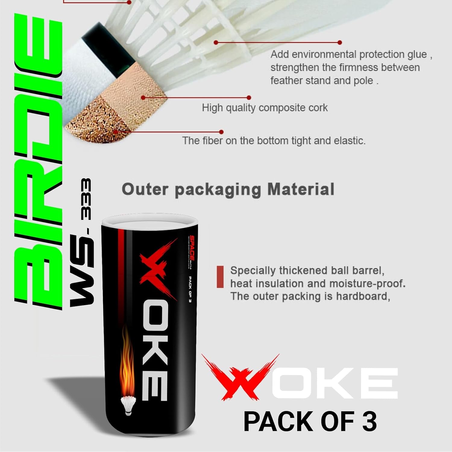 Woke Birdie WS 333 Feather Badminton Shuttlecock | Ideal For Tournaments & Professional Practice | White , Pack Of 3