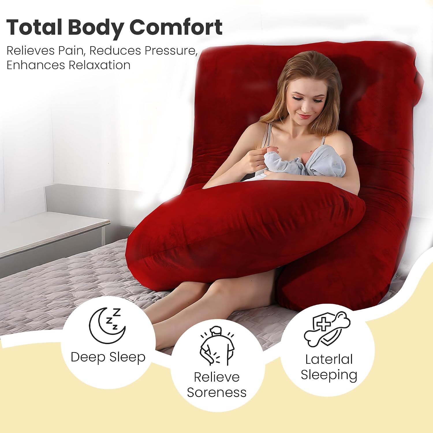 J Shape Full Body Pillow, Pregnancy Pillows For Sleeping, Maroon Color | Maternity Pillows For Back, Hips, Legs, Belly | For Pregnant Women With Removable, Washable Maroon Velvet Cover